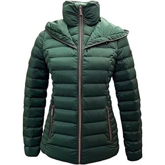 MICHAEL Michael Kors Hooded Packable Down Puffer Jacket Coat Zip Front Green XS - Picture 1 of 3